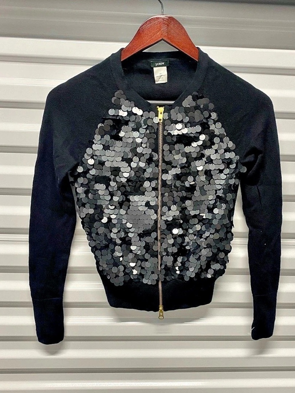 J.Crew Black Sequin Front Zip Cardigan Black & Gray XS